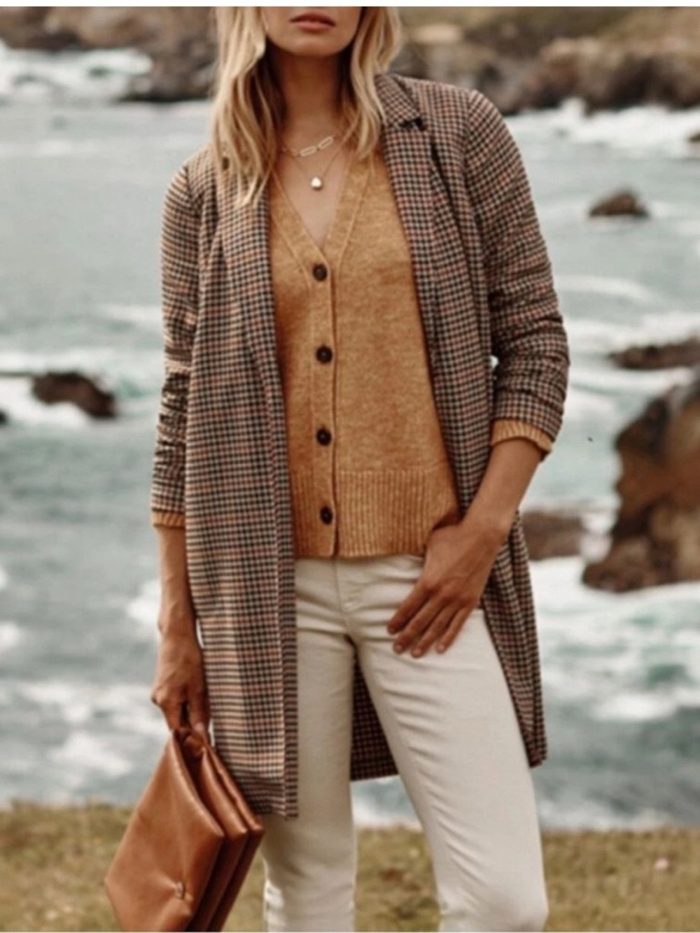 J. Till Sonoma Houndstooth Open Front Coat Jacket Long Blazer Size
Medium Brown